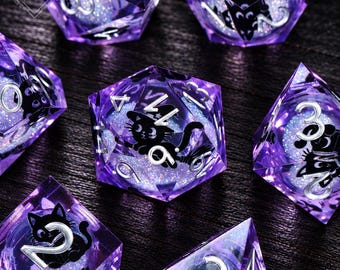 Black Cat DND Dice Set, Resin RPG Dice, Fantasy Gift for D&D Player, Unique Tabletop Game Gift, Dungeons and Dragons