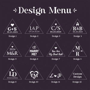 May include: A design menu with twelve triangular designs on a dark purple background. Each triangle contains initials, dates, and phrases in white, such as "G+S 05.24.2024" and "MARRY ME?". The text "Design Menu" is at the top.
