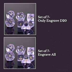May include: Two sets of seven purple dice with gold accents. The first set has the inscription "Marry Me?" on the dice. The second set has the inscription "Marry Me?" on the D20 die only.