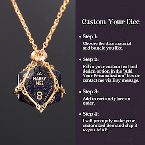 May include: A gold chain necklace with a black and gold dice pendant. The dice features the words "Marry Me?" and the number "8". The necklace is a custom-made item and can be personalised with your own text and design.