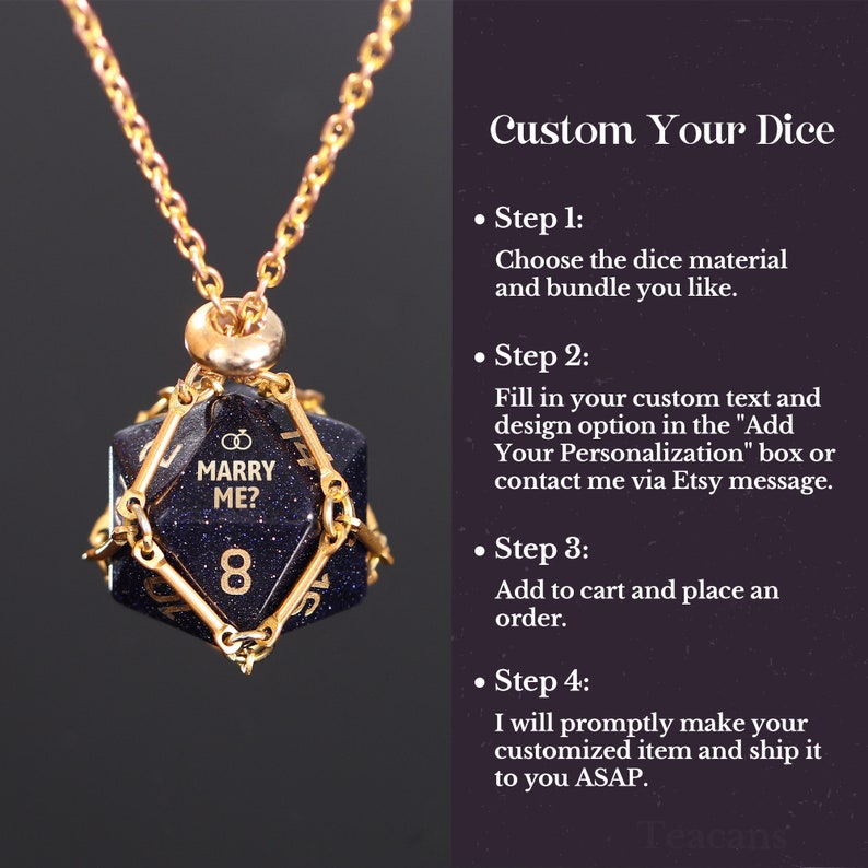 May include: A gold chain necklace with a black and gold dice pendant. The dice features the words "Marry Me?" and the number "8". The necklace is a custom-made item and can be personalised with your own text and design.