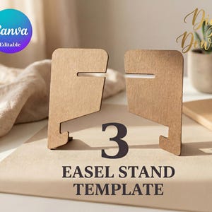Op de afbeelding: Twee bruine kartonnen ezelstandaard sjablonen met een sleuf voor het vasthouden van items. Het nummer 3 is zwart afgedrukt tussen de standaards. De tekst "EASEL STAND TEMPLATE" is onder nummer 3 afgedrukt. Een Canva-logo staat in de linkerbovenhoek.
