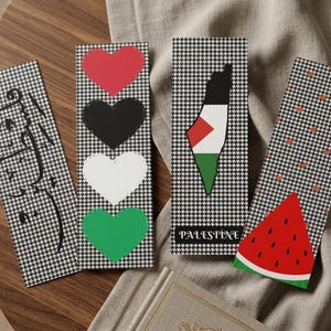 Juego de marcapáginas con keffiyeh de Palestina: caligrafía árabe, sandía y arte de mapas (descarga digital).