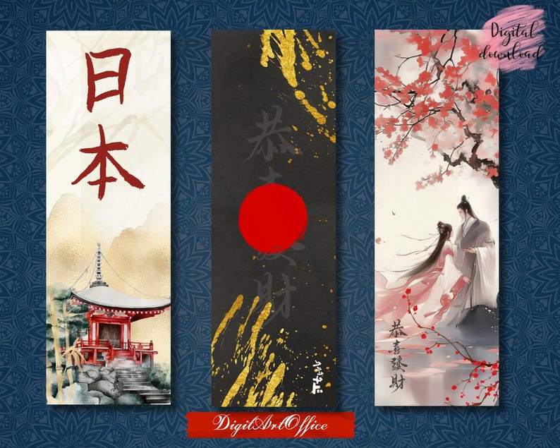 Japanese Art Bookmarks – Traditional Designs, Cherry Blossoms, Pagodas ...