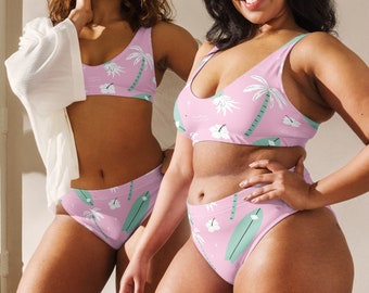 Bikini con estampado de surf Traje de baño de dos piezas de cintura alta con estampado de surf tropical rosa y verde preppy