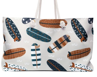 Surfboard Print Weekender Bag Stylish Oversized Teal and Brown Surfing Pattern Tote