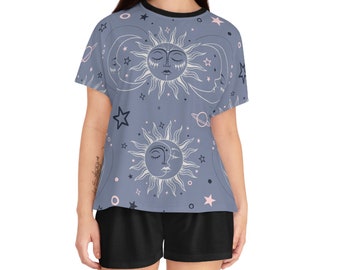 Women's Celestial Print Short Pajama Set Sun and Moon Sleepwear Loungewear