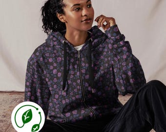Blue Floral Zip Hoodie Purple Roses Print Hooded Jacket Eco-friendly Zip Jumper