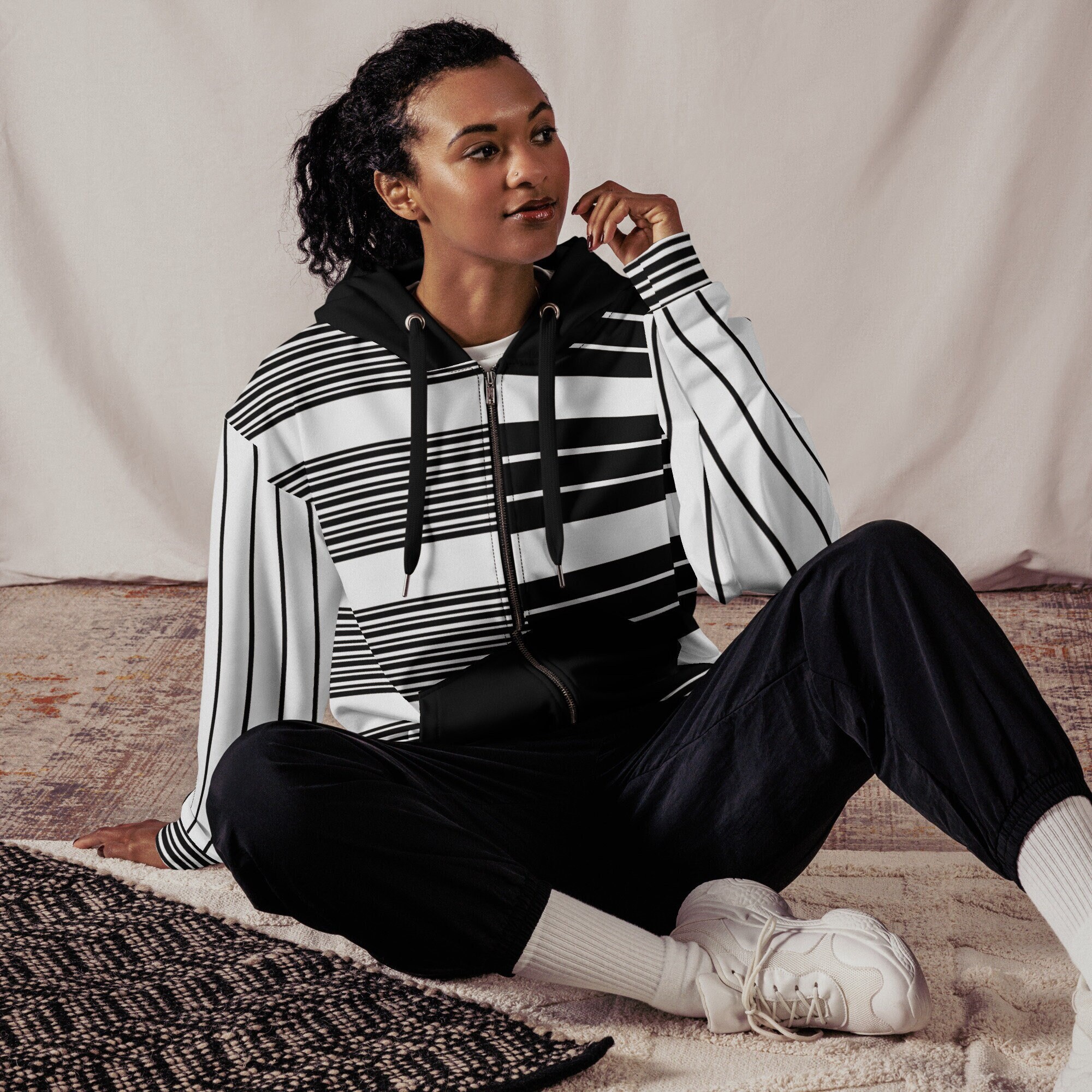 Striped Zip Hoodie Black and White Stripe Print Sweater Etsy UK