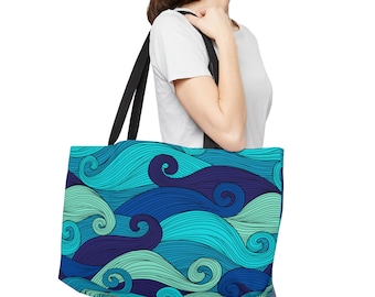 Ocean Waves Weekender Bag Blue and Green Beach Sea Print Tote