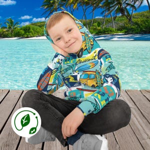 Surfing Kids Hoodie Tropical Beach Youth Sweatshirt Colorful Ocean Waves Child Hooded Jumper Summer Vacation Outfit for Boys and Girls