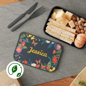 Personalized Floral Bento Box Lunch Container Meal Prep Box Custom Utensil Set Gifts for Her Eco-Friendly Food Storage