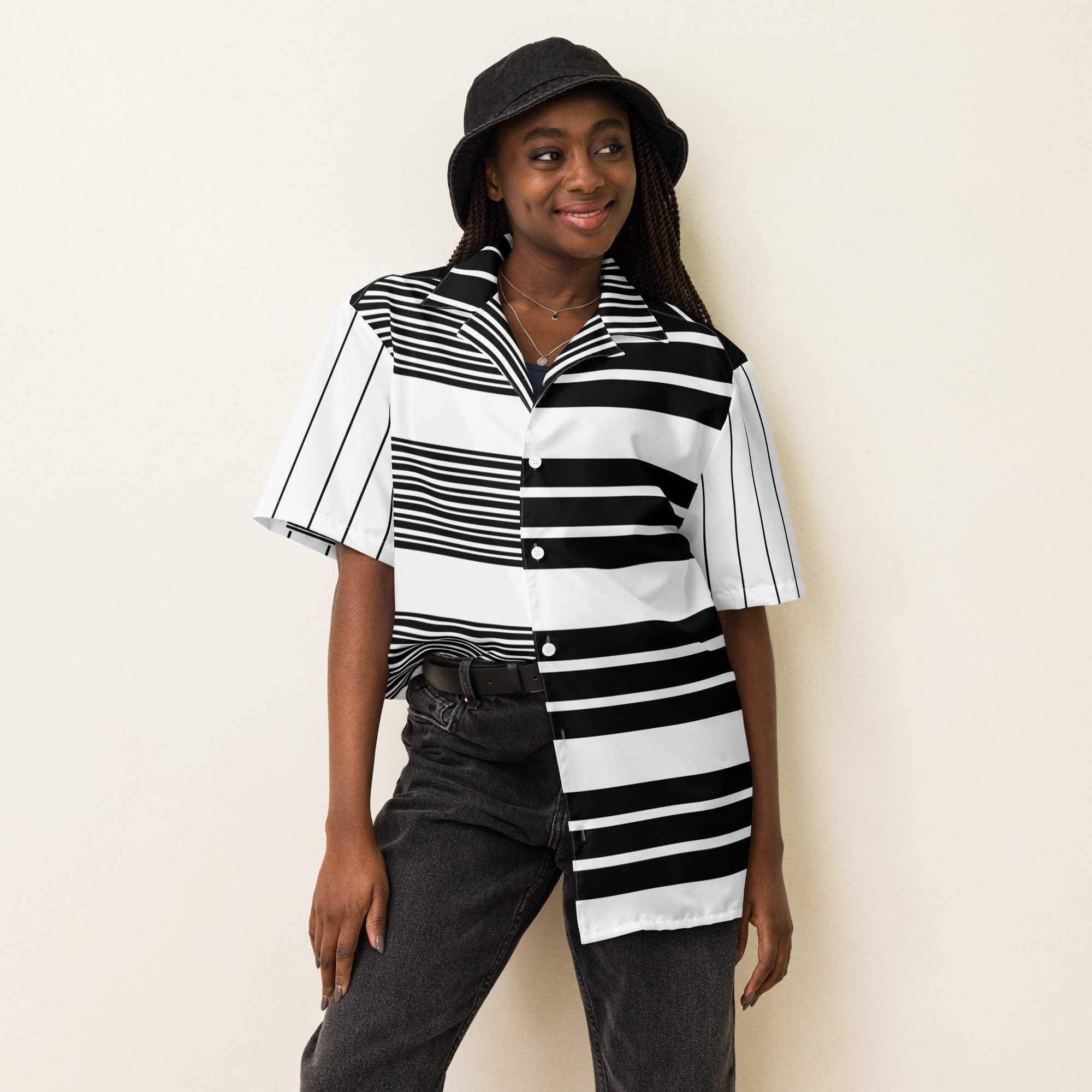 Black and white striped collared shirt sale