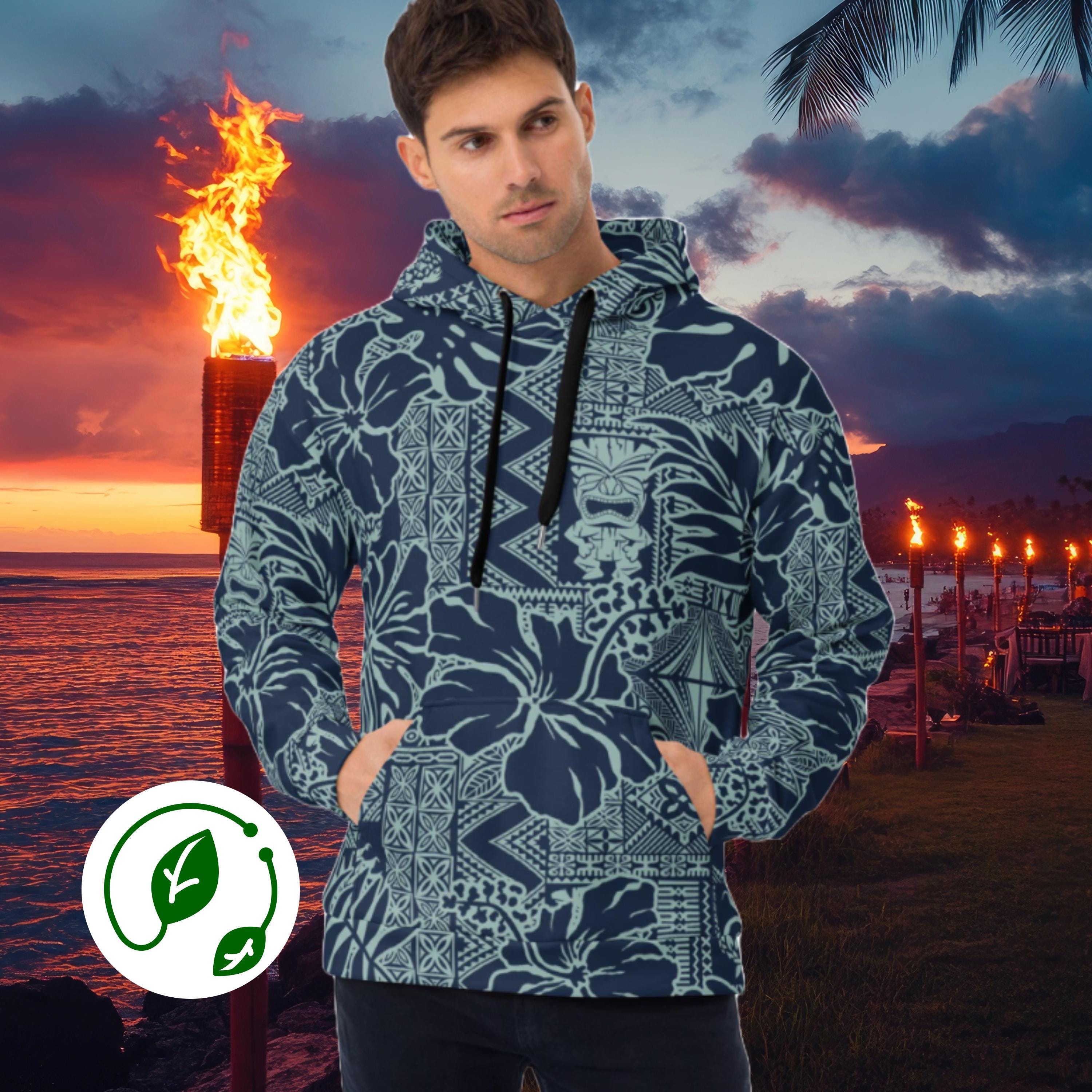 Eco-friendly Blue Hawaiian Tiki Pullover Hoodie Unisex Hooded Sweatshirt Hawaiian Surfer Beach Jumper Tropical Tiki Top