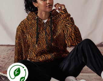 Eco-friendly Tiger Print Hoodie Unisex Animal Print Sweatshirt Animal Lover Gift Sustainable Clothing Wildlife Zip Up Jacket
