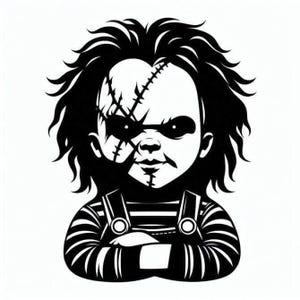 Könnte beinhalten: Schwarz-Weiß-Illustration einer Puppe mit genähten Gesichtszügen und zerzaustem Haar. Die Puppe trägt ein gestreiftes Hemd mit Latzhose und hat die Arme verschränkt. Das Bild hat einen cartoonartigen Stil.