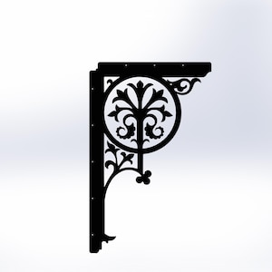 May include: Black metal decorative bracket with an ornate, symmetrical design. The bracket features a circular element with a stylized tree motif and scrolling details. The design is suitable for interior or exterior use.