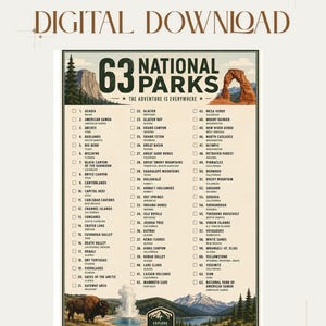 May include: A digital download poster titled 63 National Parks featuring a checklist of U.S. national parks. The graphic includes a landscape illustration with a bison, a geyser, mountains, and a natural stone arch, with the text The Adventure Is Everywhere.