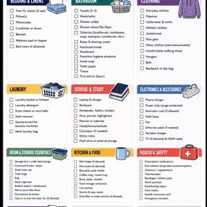 May include: A college dorm room move-in packing checklist featuring categories like bedding, bathroom, clothing, laundry, school, electronics, room essentials, kitchen, health, and cleaning. The document includes checkboxes and illustrations.
