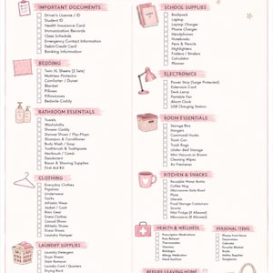 May include: A white college dorm move-in checklist with pink accents and text. It features categories like Important Documents, Bedding, Bathroom Essentials, Clothing, Laundry Supplies, School Supplies, Electronics, Room Essentials, Kitchen, and Health.