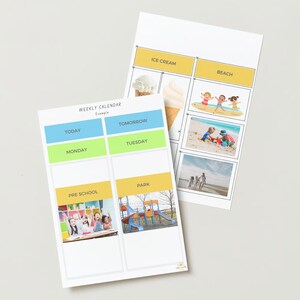 May include: Two white paper sheets with a weekly calendar example. One sheet has a calendar layout with the days of the week and space for activities. The other sheet has images of ice cream and beach activities.