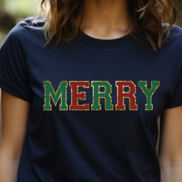 Merry Christmas Chenille Patch Tshirt, Christmas Merry Varsity Letters Retro T-Shirt, Minimal Xmas Groovy Graphic Tee, Unisex T-Shirt