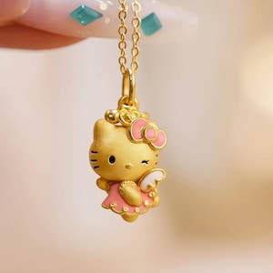 Gold Kitty Pendant Necklace, 3D Kawaii Cat Charm with Pink Bow, Cute Angel Princess Kitty Jewelry, Dainty Cartoon Necklace, Gift for Her