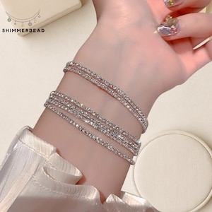 6 Pcs Dainty Crystal Tennis Bracelet, Layered Silver Rhinestone Bracelet, Stacking Sparkly Bracelet, Bridal Jewelry, Bridesmaid Gift