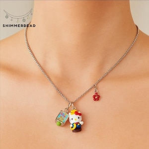 Kawaii Kitty Charm Necklace, Stainless Steel Sanriocore Jewelry, Y2K Kidcore Aesthetic, Nostalgic Cartoon Necklace, Cute Friendship Gift,