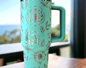 Peony Flower 40oz Stanley OR Generic Laser Engraved Tumbler, Floral, Gift For Her, Garden lover, Personalized, Wrap