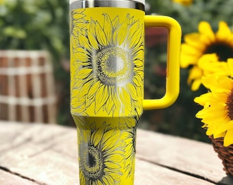 Sunflower 40oz Stanley or Generic Laser Engraved Tumbler, Nature Lovers, Floral Design, Gardener Gift, Outdoor, Tumbler Wrap, Personalized,