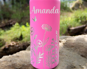 Wildflower Floral Personalized 32oz Laser Engraved, Stainless Steel, Double Wall Insulated Water Bottle, Straw and Lid