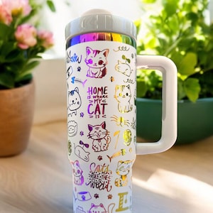Cat Mom 30oz Laser Engraved Rainbow Stainless Steel Tumbler - Kitty Mama - Cat Lover Gifts - Rainbow Tumbler - Cat Doodles