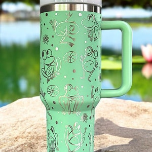 Frog 40oz Stanley OR Generic Laser Engraved Tumbler, Frog Lover Gift, Cute Amphibian, Cartoon Frog Doodles, Garden Pond Theme, Personalized