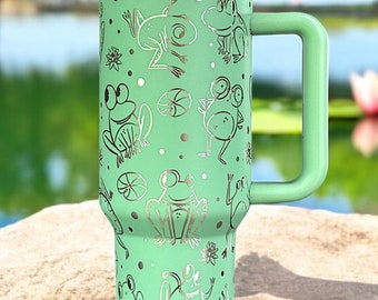 Frog 40oz Stanley OR Generic Laser Engraved Tumbler, Frog Lover Gift, Cute Amphibian, Cartoon Frog Doodles, Garden Pond Theme, Personalized
