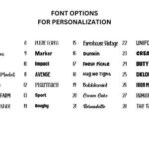 May include: A list of 28 font options for personalization, numbered 1 through 28. The fonts are displayed in black text on a white background.