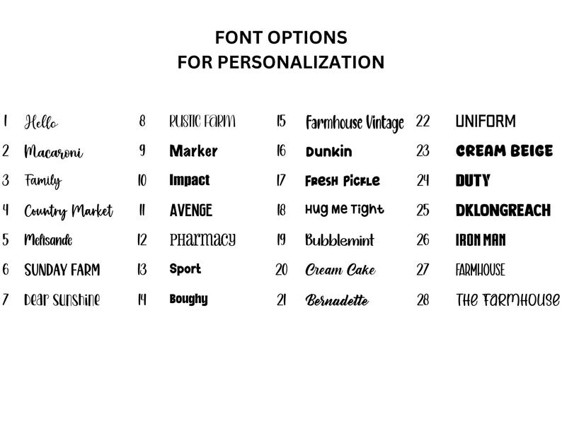 May include: A list of 28 font options for personalization, numbered 1 through 28. The fonts are displayed in black text on a white background.