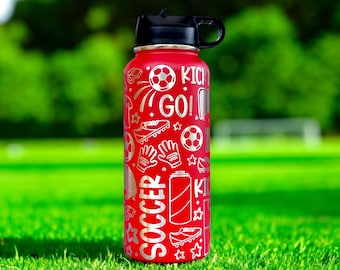 Soccer Doodles Personalized 32oz Laser Engraved Water Bottle, Team Gear, Sports Theme Bottle
