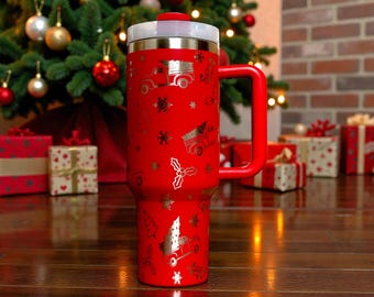 Red Truck Christmas 40oz Generic Laser Engraved Tumbler, Holiday Cup, Vintage Rustic, Holly, Snowflake, Personalized Country Xmas