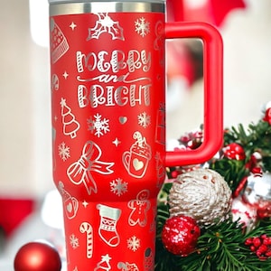Christmas 40oz Laser Engraved Tumbler, Doodles, Xmas, Stocking, Presents, Tree, Holiday, Candy Cane, Personalized