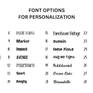 May include: A chart listing 28 different font options for personalization. The fonts are numbered 1 through 28 and are displayed in black text on a white background.