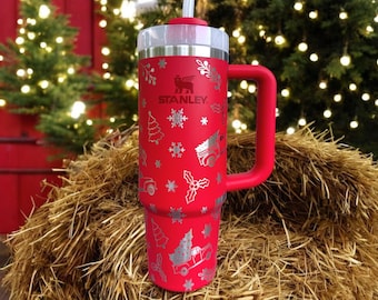 Red Truck Christmas 40oz Stanley OR Generic Laser Engraved Tumbler, Holiday Cup, Vintage Rustic, Holly, Snowflake, Personalized Country Xmas