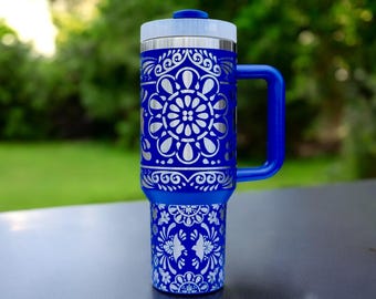Talavera Tile 40oz Stanley OR Generic Laser Engraved Tumbler, Mexican Pottery Design, Southwest Drinkware, Cinco De Mayo Tumbler, Spanish