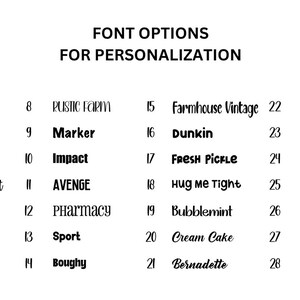 May include: A chart with 28 font options for personalization. The fonts are numbered 1 through 28 and are listed in two columns. The fonts are in a variety of styles, including script, sans serif, and serif.