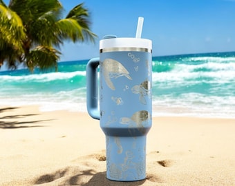 Sea Turtle 40oz Stanley OR Generic Laser Engraved Stainless Tumbler, Ocean Sea Life, Beach, JellyFish ,Seahorse, Personalized Beach Lover
