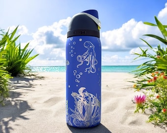Ocean Sea Creature OWALA 32oz Freesip Engraved Water Bottle, Sea Turtle, Octopus, Custom Gift, Sea Life, BeachGoer, Marine Life