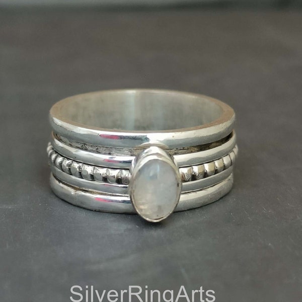 Rainbow Moonstone Spinner Ring, 925 Sterling Silver,Fidget Spinner ring, Silver Handmade Ring, Meditation Ring,Worry Ring,Gift For Her  SRA