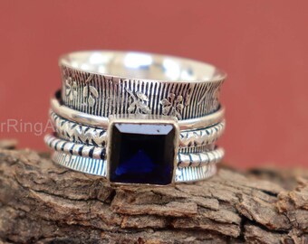 Blue Sapphire Gemstone Ring,Spinner Ring,925 Sterling Silver,Meditation Spinner Ring,Handmade Ring,Anniversary Woman Gift Ring,Worry Ring