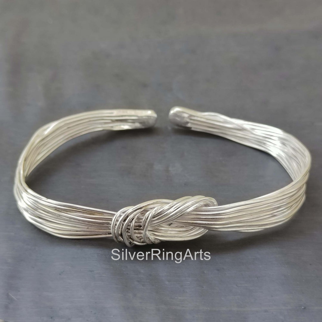 Handmade Sterling Silver Knot Cuff Bracelet, 925 Silver Strings