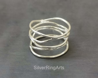 10 mm meerlaagse Criss Cross damesduimring massief 925 sterling zilver Freeform gelaagde ring, meerlaagse ring, Boho-ring, draadring